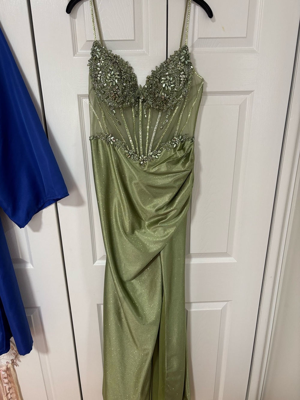 Olive Green Beaded Spaghetti-Strap Prom Dress
